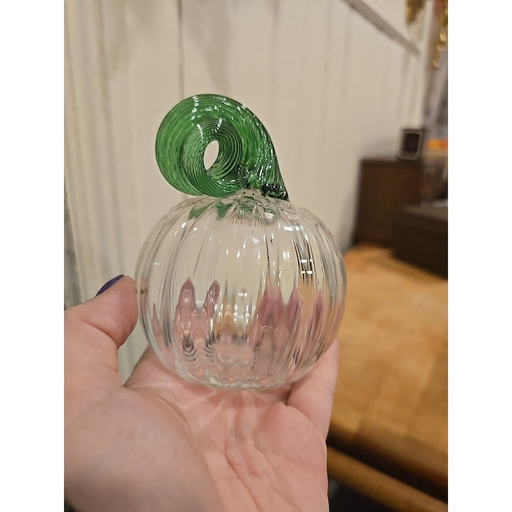 Hand Sculpted Clear Pumpkin W/Green Stem Autumn Fall Glass Piece